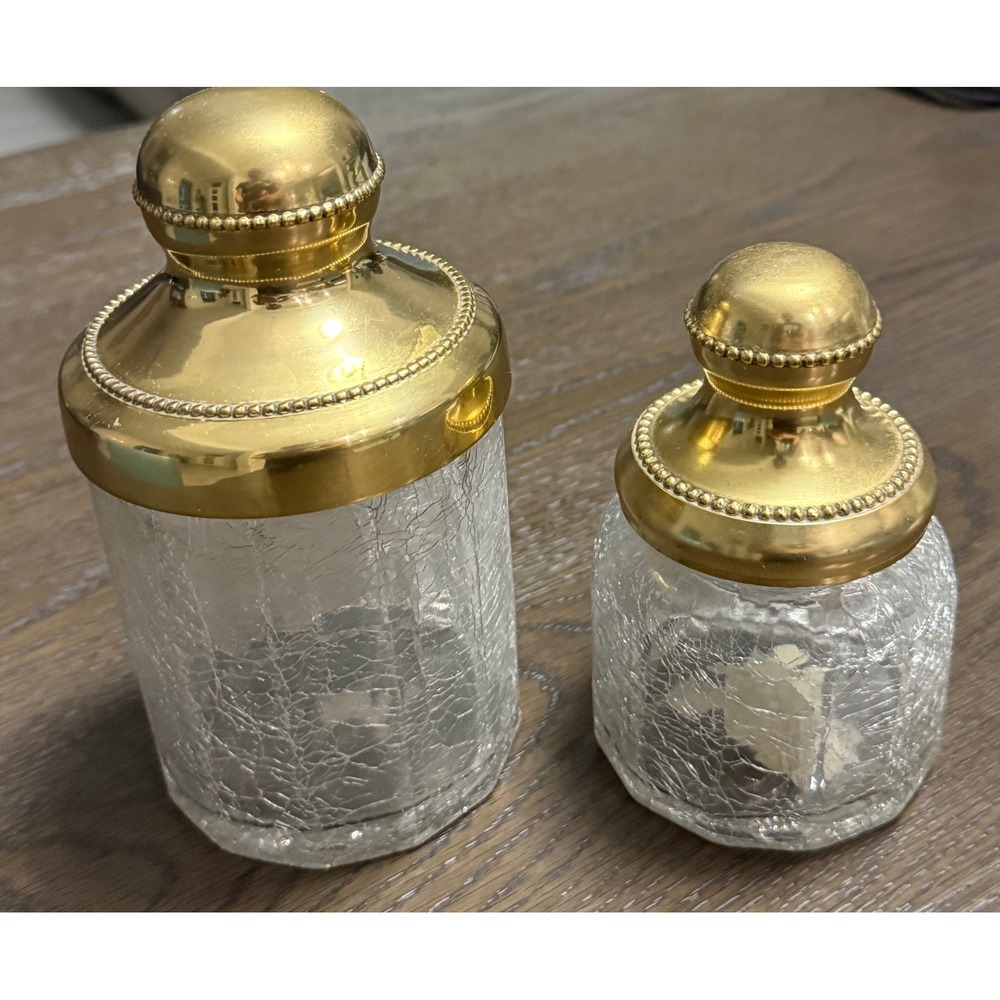 Vtg 1980s Croscill Saxony Crackle Glass Apothecary Jars Gold Metal Lids Se of 2